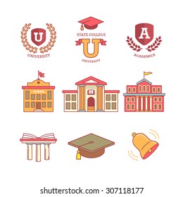 Mortar board, education, school, academy, college and university, library emblems and buildings. Thin line icons set. Modern flat style symbols isolated on white for infographics or web use.