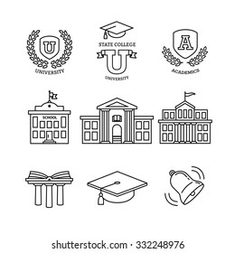 Mortar board, education, school, academy, college and university, library emblems and buildings. Thin line art icons set. Modern black symbols isolated on white for infographics or web use.