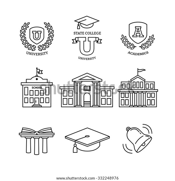 モルタルボード 教育 学校 アカデミー 大学 図書館 の紋章 建物 細い線画のアイコンセット 白い背景にインフォグラフィックやウェブで使用する現代の黒いシンボル のベクター画像素材 ロイヤリティフリー