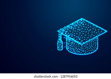 Mortar board Graduation cap. Abstract low poly wireframe designs. From connecting dot and line. Vector Illustration