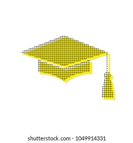 Mortar Board or Graduation Cap, Education symbol. Vector. Yellow icon with square pattern duplicate at white background. Isolated.