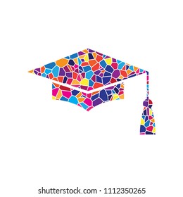 Mortar Board or Graduation Cap, Education symbol. Vector. Stained glass icon on white background. Colorful polygons. Isolated.