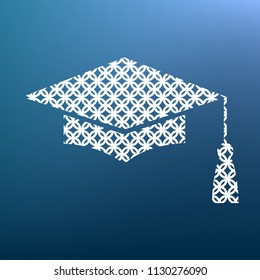 Mortar Board or Graduation Cap, Education symbol. Vector. White textured icon at lapis lazuli gradient background.