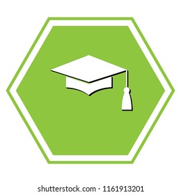 Mortar Board or Graduation Cap, Education symbol. Vector. White icon with black shadow at yellow green honeycomb on white background.