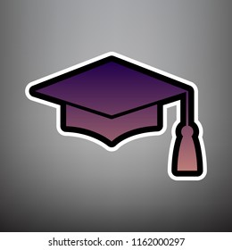 Mortar Board or Graduation Cap, Education symbol. Vector. Violet gradient icon with black and white linear edges at gray background.