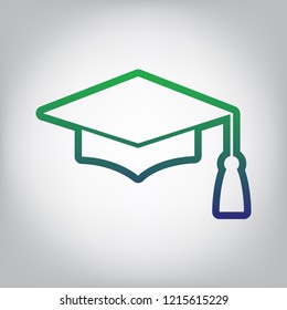 Mortar Board or Graduation Cap, Education symbol. Vector. Green to blue gradient contour icon at grayish background with light in center.