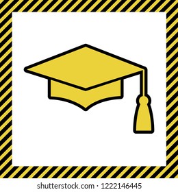 Mortar Board or Graduation Cap, Education symbol. Vector. Warm yellow icon with black contour in frame named as under construction at white background. Isolated.