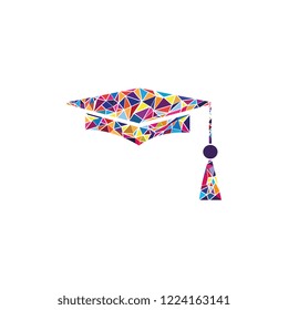 Mortar Board or Graduation Cap, Education symbol. Vector. Stained glass icon on white background. Colorful polygons.