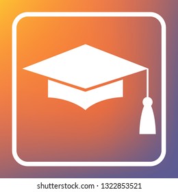 Mortar Board or Graduation Cap, Education symbol. Vector. White icon on transparent button at orange-violet gradient background.