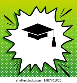 Mortar Board or Graduation Cap, Education symbol. Black Icon on white popart Splash at green background with white spots. Illustration.