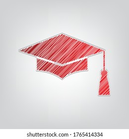 Mortar Board or Graduation Cap, Education symbol. Red gradient scribble Icon with artistic contour gray lines on light gray Background. Illustration.