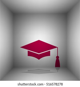 Mortar Board or Graduation Cap, Education symbol. Bordo icon with shadow in the room.