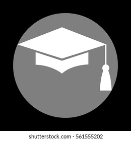Mortar Board or Graduation Cap, Education symbol. White icon in gray circle at black background. Circumscribed circle. Circumcircle.