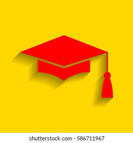Mortar Board or Graduation Cap, Education symbol. Vector. Red icon with soft shadow on golden background.