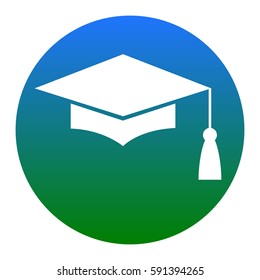 Mortar Board or Graduation Cap, Education symbol. Vector. White icon in bluish circle on white background. Isolated.