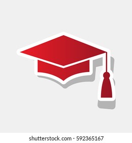 Mortar Board or Graduation Cap, Education symbol. Vector. New year reddish icon with outside stroke and gray shadow on light gray background.