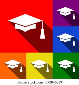 Mortar Board or Graduation Cap, Education symbol. Vector. Set of icons with flat shadows at red, orange, yellow, green, blue and violet background.