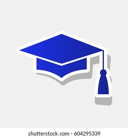 Mortar Board or Graduation Cap, Education symbol. Vector. New year bluish icon with outside stroke and gray shadow on light gray background.
