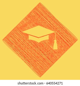Mortar Board or Graduation Cap, Education symbol. Vector. Red scribble icon obtained as a result of subtraction rhomb and path. Royal yellow background.