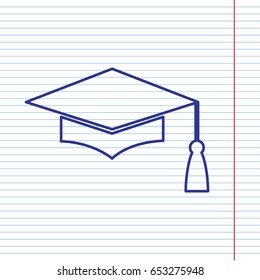 Mortar Board or Graduation Cap, Education symbol. Vector. Navy line icon on notebook paper as background with red line for field.