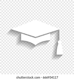 Mortar Board Or Graduation Cap, Education Symbol. Vector. White Icon With Soft Shadow On Transparent Background.