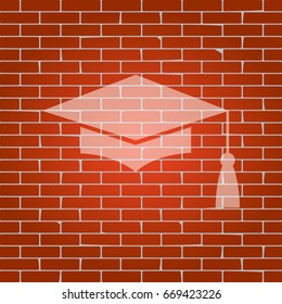 Mortar Board or Graduation Cap, Education symbol. Vector. Whitish icon on brick wall as background.