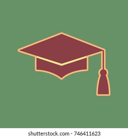 Mortar Board or Graduation Cap, Education symbol. Vector. Cordovan icon and mellow apricot halo with light khaki filled space at russian green background.
