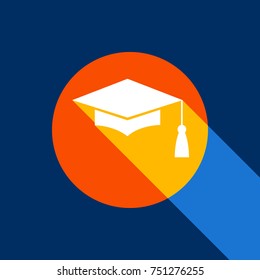 Mortar Board or Graduation Cap, Education symbol. Vector. White icon on tangelo circle with infinite shadow of light at cool black background. Selective yellow and bright navy blue are produced.
