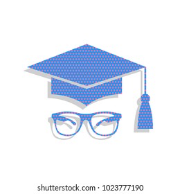 Mortar Board or Graduation Cap with glass. Vector. Neon blue icon with cyclamen polka dots pattern with light gray shadow on white background. Isolated.