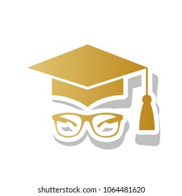 Mortar Board or Graduation Cap with glass. Vector. Golden gradient icon with white contour and rotated gray shadow at white background.