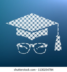 Mortar Board or Graduation Cap with glass. Vector. White textured icon at lapis lazuli gradient background.