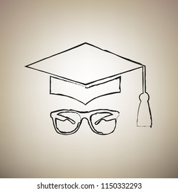 Mortar Board or Graduation Cap with glass. Vector. Brush drawed black icon at light brown background.