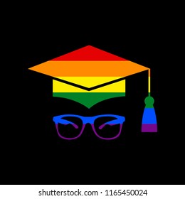 Mortar Board or Graduation Cap with glass. Vector. Icon with colors of LGBT flag at black background.