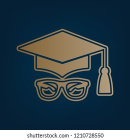 Mortar Board or Graduation Cap with glass. Vector. Golden icon and border at dark cyan background.