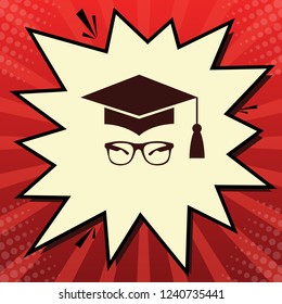 Mortar Board or Graduation Cap with glass. Vector. Dark red icon in lemon chiffon shutter bubble at red popart background with rays.