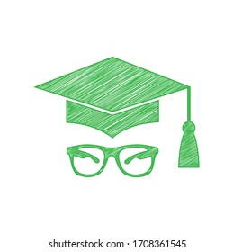 Mortar Board or Graduation Cap with glass. Green scribble Icon with solid contour on white background. Illustration.
