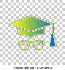Mortar Board or Graduation Cap with glass. Blue to green gradient Icon with Four Roughen Contours on stylish transparent Background. Illustration.