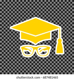 Mortar Board or Graduation Cap with glass. Vector. Yellow icon with white contour on dark transparent background.
