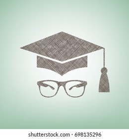 Mortar Board or Graduation Cap with glass. Vector. Brown flax icon on green background with light spot at the center.