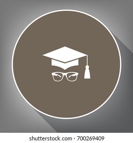 Mortar Board or Graduation Cap with glass. Vector. White icon on brown circle with white contour and long shadow at gray background. Like top view on postament.