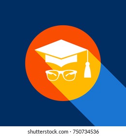Mortar Board or Graduation Cap with glass. Vector. White icon on tangelo circle with infinite shadow of light at cool black background. Selective yellow and bright navy blue are produced.