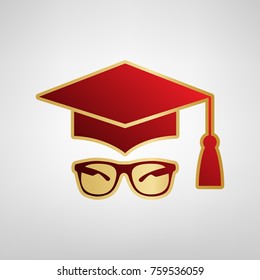 Mortar Board or Graduation Cap with glass. Vector. Red icon on gold sticker at light gray background.