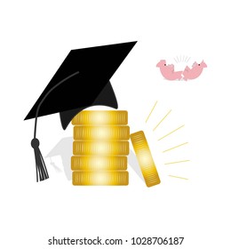 Mortar Board or Graduation Cap on a stack of gold coins with broken piggy bank in the background - education costs concept