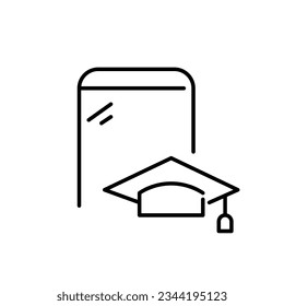 Mortar board hat and mobile phone. Obtaining university degree online. Pixel perfect, editable stroke