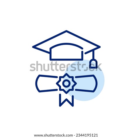 Mortar board hat and scroll. Obtaining university degree. Pixel perfect icon