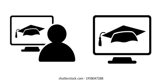 Mortar board symbol. Graduation cap and laptop, compuer icon. Flat vector diploma education sign. Online learning or e-learning. Computer With mortarboard for online learning. Hybrid learnling, work