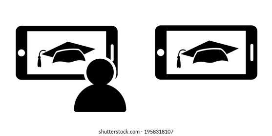 Mortar board symbol. Graduation cap and mobile, computer icon. Flat vector diploma education sign. Online learning or e-learning. Computer With mortarboard for online learning.