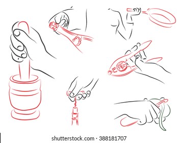 mortar, bottle, frying pan, corkscrew for bottles, cleaning potatoes, nutcracker. Set of kitchen tools