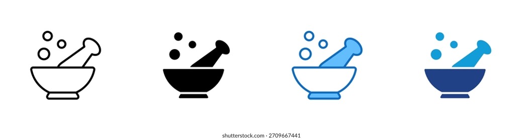 Mortar Bowl Multiple Style Icon Design Vector - Mortar and pestle with bubbles symbolizing traditional medicine, pharmacy, and herbal preparation
