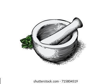 Mortar bowl and pestle with fresh green oregano